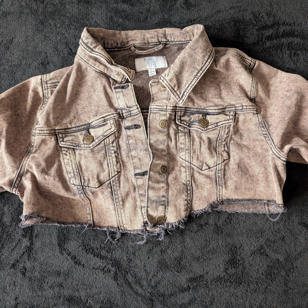 Distressed Brown Cropped Denim Jacket Raw Hem Grunge Indie Street Sz L Acid Wash - Picture 6 of 11